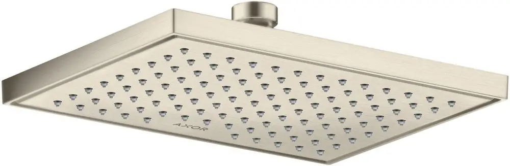 Kopfbrause in rechteckiger Form mit mehreren Wasserstrahldüsen. Oberflächenfinish in gebürstetem Nickel. Marke AXOR sichtbar.